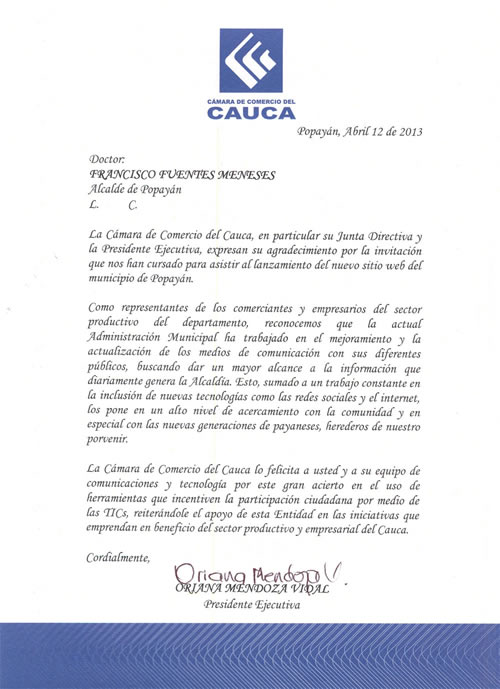 Tarjeta de la Cámara de Comercio del Cauca